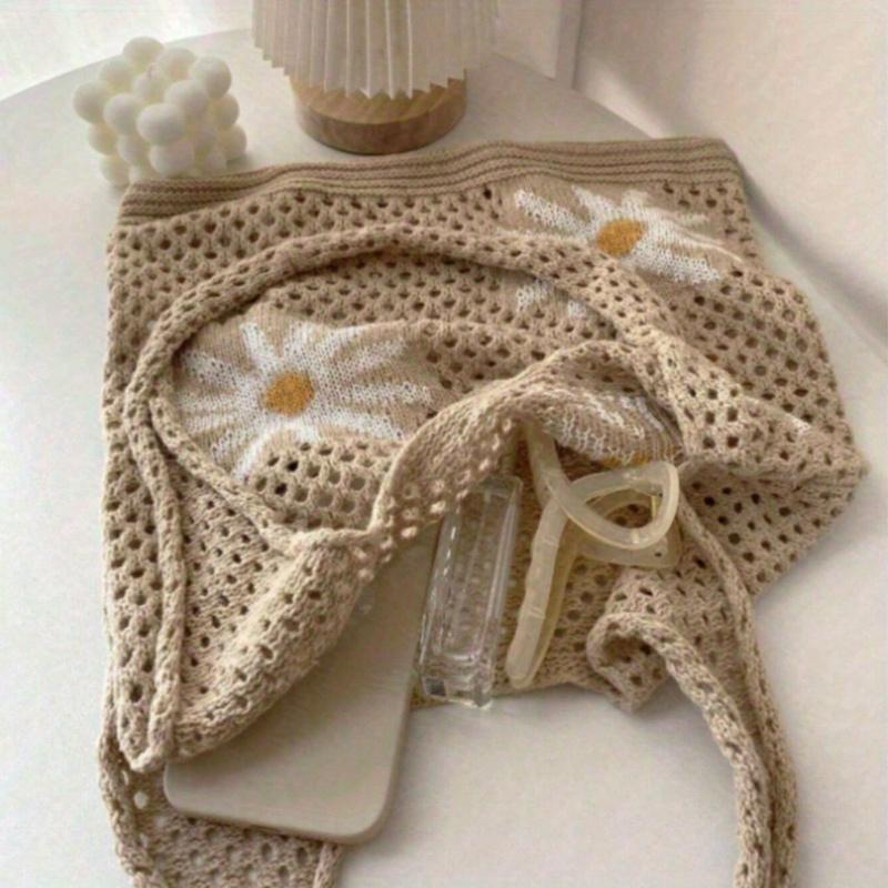 Large Capacity Floral Pattern Crochet Tote Bag - Fashionable Y2K Design, Soft Fabric Lining, Printed Pattern