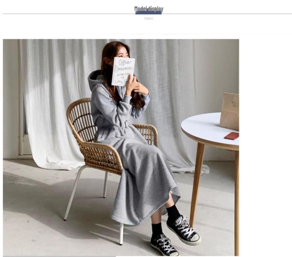 Korean Style Plus Size Hooded Sweatshirt Dress - Solid Color, Slimming Waist, Autumn/Winter Wear for Women