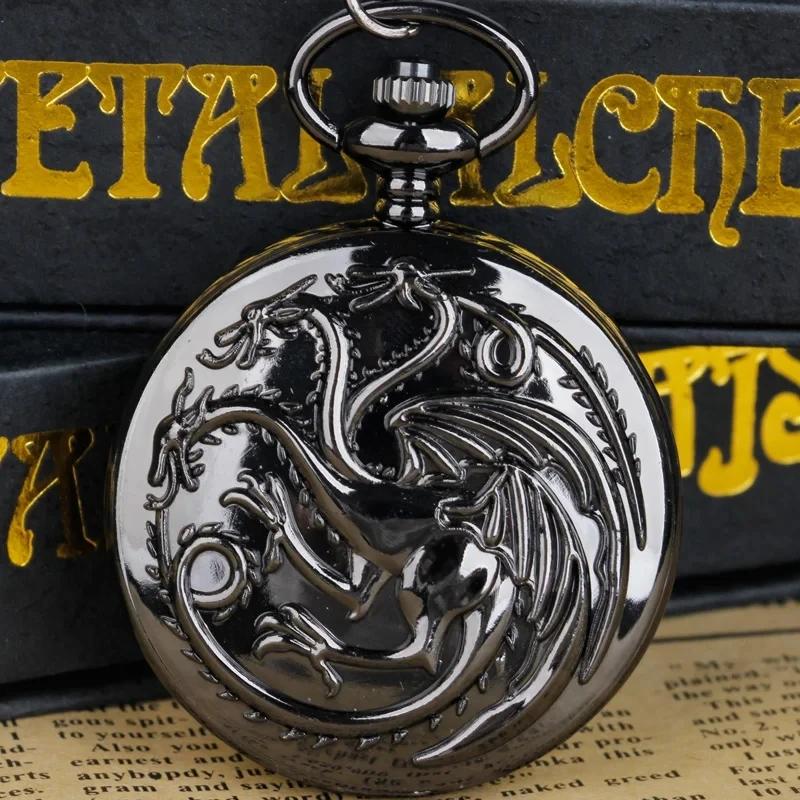 

10pcs/lot Wholesale Black Vintage Quartz Pocket Watch Dragon Engraved Flip Roman Dial Students Gift Men Women Necklace Clock