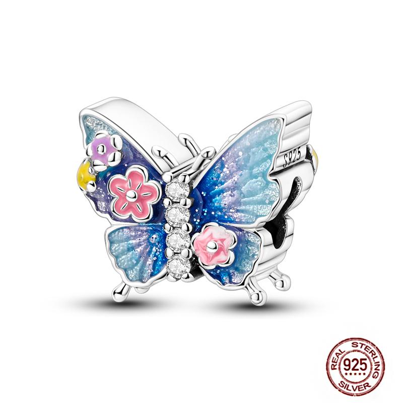 Charms Beads 925 Sterling Copper Pink Butterfly Luminous Firefly Chameleon Heart Charm Fit Original Bracelet DIY Holiday Zircon