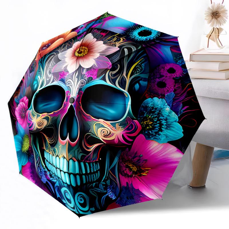 Butterflies Skull and Roses Outdoor Automatic Umbrella Sturdy 8 Rib Durable Plastic Iron Outdoor Daily Use Outdoor Accessory Perfect Gift Friends