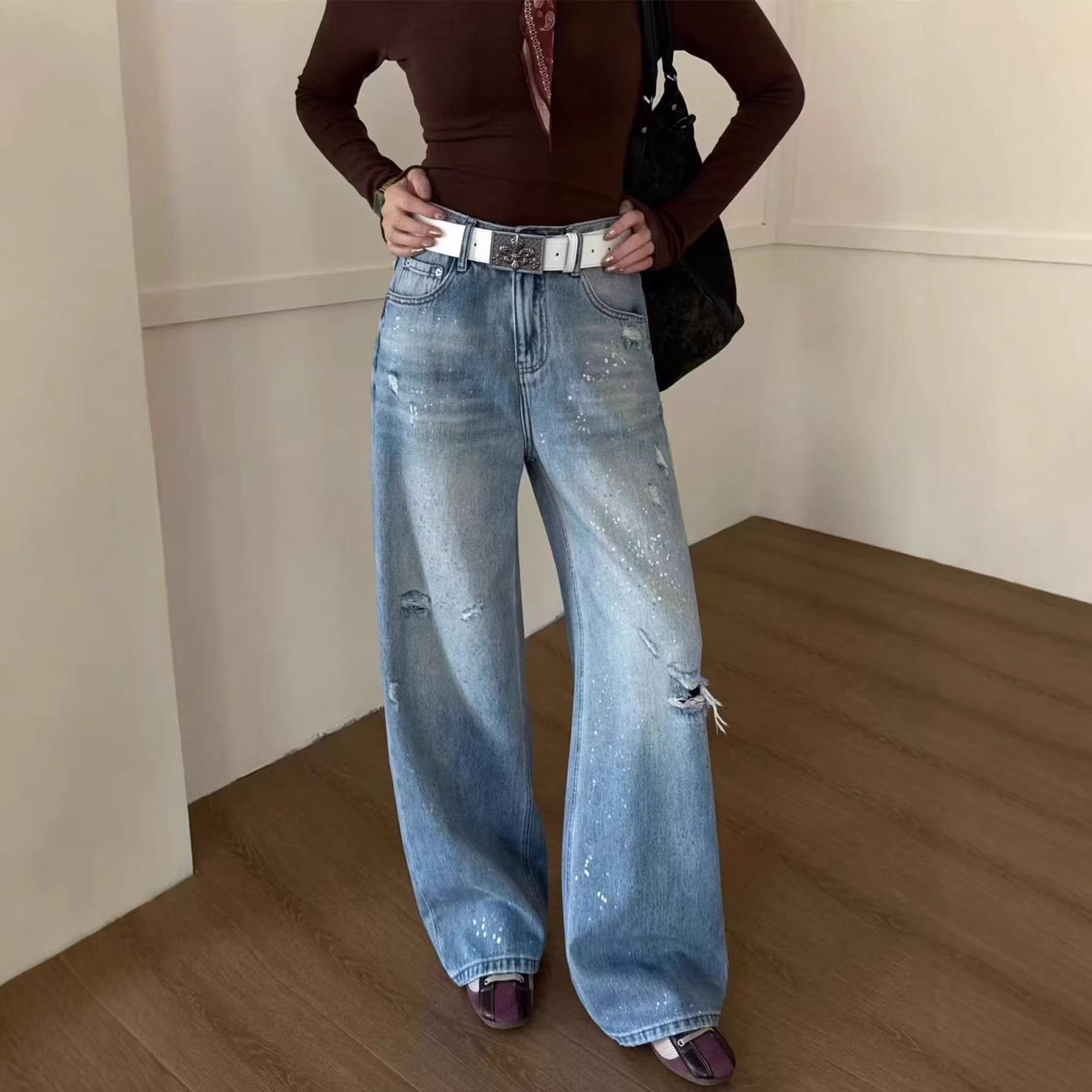 

2026 Fashion Trend Ripped Hot Silver Washed Wide Leg Jeans xl【 62.5-67.5kg 】