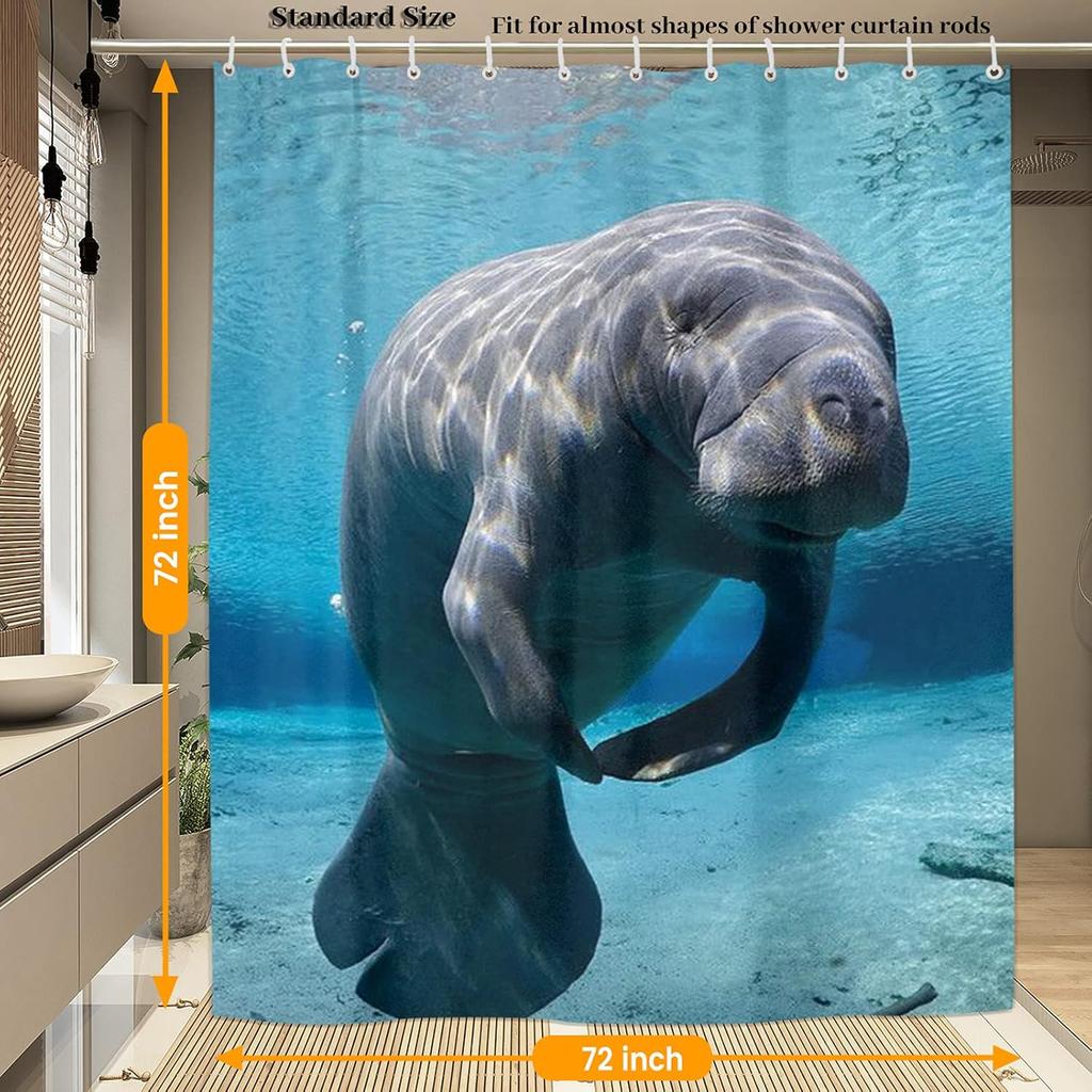 Pardick Sea Ocean Animal Manatee Shower Curtain, Waterproof Summer Shower Curtain Set with 12 Hooks, Polyester Fabric Shower Cur