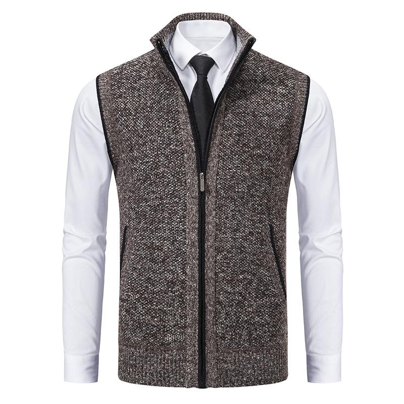 Men's Autumn/Winter Fleece-Lined Knit Sweater Vest with Stand Collar