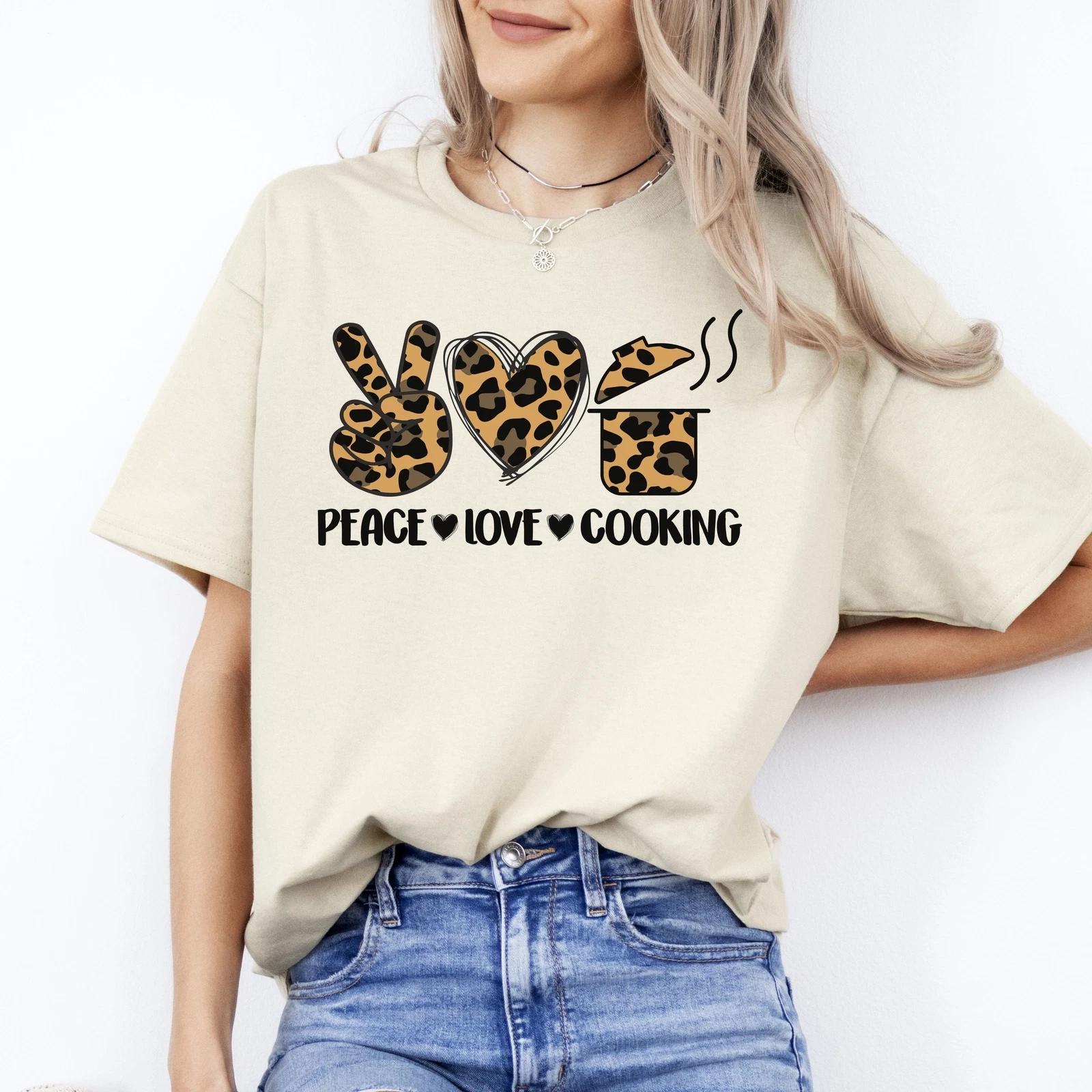 Peace Love Cooking T-Shirt Leopard skin cooking lover chef Unisex Tee Sand White 3XL