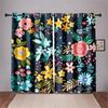 Blue Pink Floral Curtains Plant Flowers Leaves Black Background Curtains 2 Panel Living Room Bedroom Kitchen Dining Room Decor
