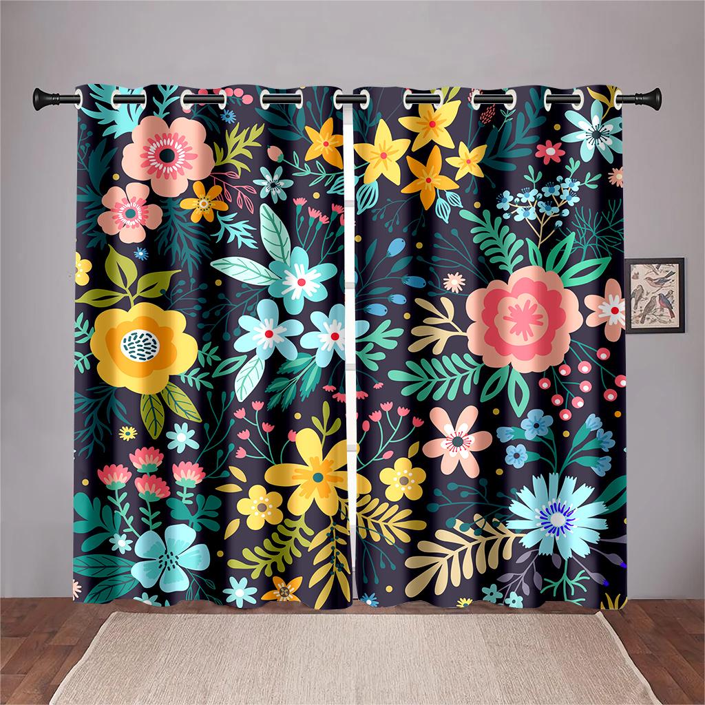 Blue Pink Floral Curtains Plant Flowers Leaves Black Background Curtains 2 Panel Living Room Bedroom Kitchen Dining Room Decor