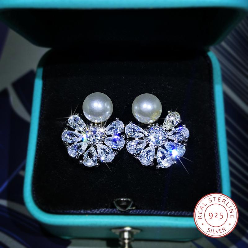 Elegant Temperament Pearl Snowflake Earrings Ladies  Sterling copper Fashion copper Jewelry Party Anniversary Jewelry Gift