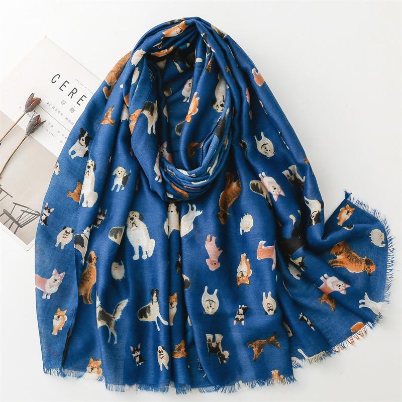 Lovely Animal Dachshund Pattern Viscose Scarf Cute Breathable Fringe Shawl Casual Travel Inelastic Outerwear Long Shawl 180*85Cm