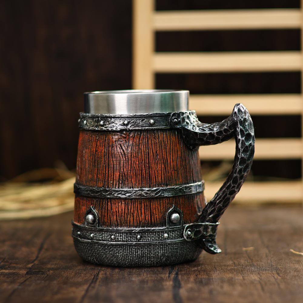 Handcrafted Wooden-Style Barrel Beer Mug with Stainless Steel Lining – Large Capacity