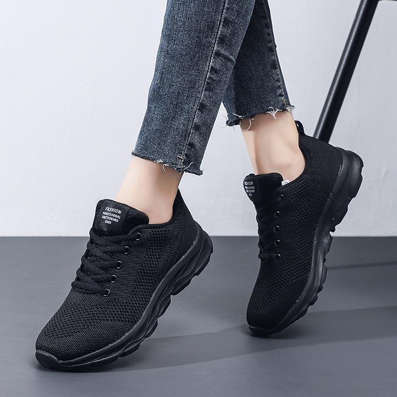 Women'S Casual Shoes  Fashionable And Breathable Walking Mesh Flat Sports Shoes Lace Up Round Toe Black Plus Mesh Running