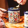Bohemian Floral Ceramic Mug, Vintage Style Red Blue Flower Coffee Cup for Home & Gift