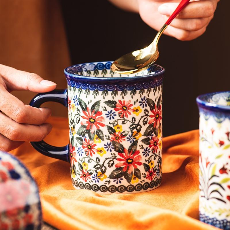 Bohemian Floral Ceramic Mug, Vintage Style Red Blue Flower Coffee Cup for Home & Gift