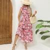 Summer Casual Floral Print Sleeveless Backless High Waist A-Line Half High Neck Ankle-Length Dresses Women Spring