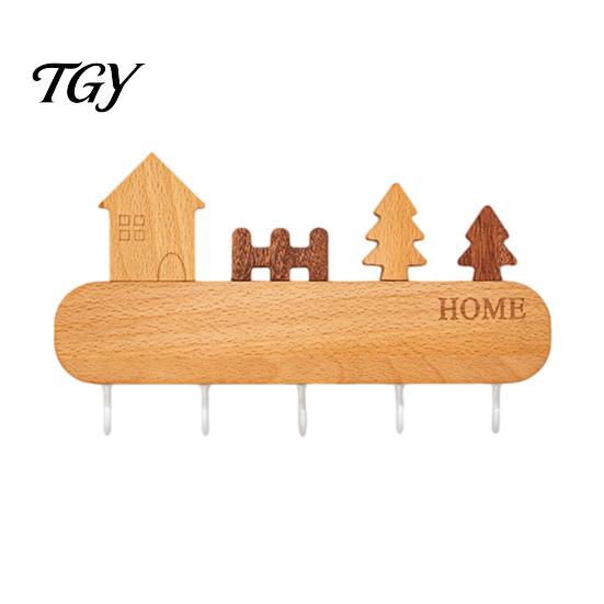 Adhesive Key Rack for Wall Wooden Holder with 5 Hooks, Cartoon House Theme Organizer, Multi Heavy Duty Screw Fixation Hooks Purpose Hanging