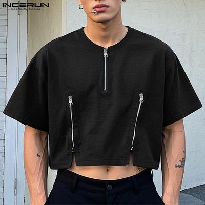 Oversized Men O-neck Short Sleeve Zip-up Causal Cropped T-shirts