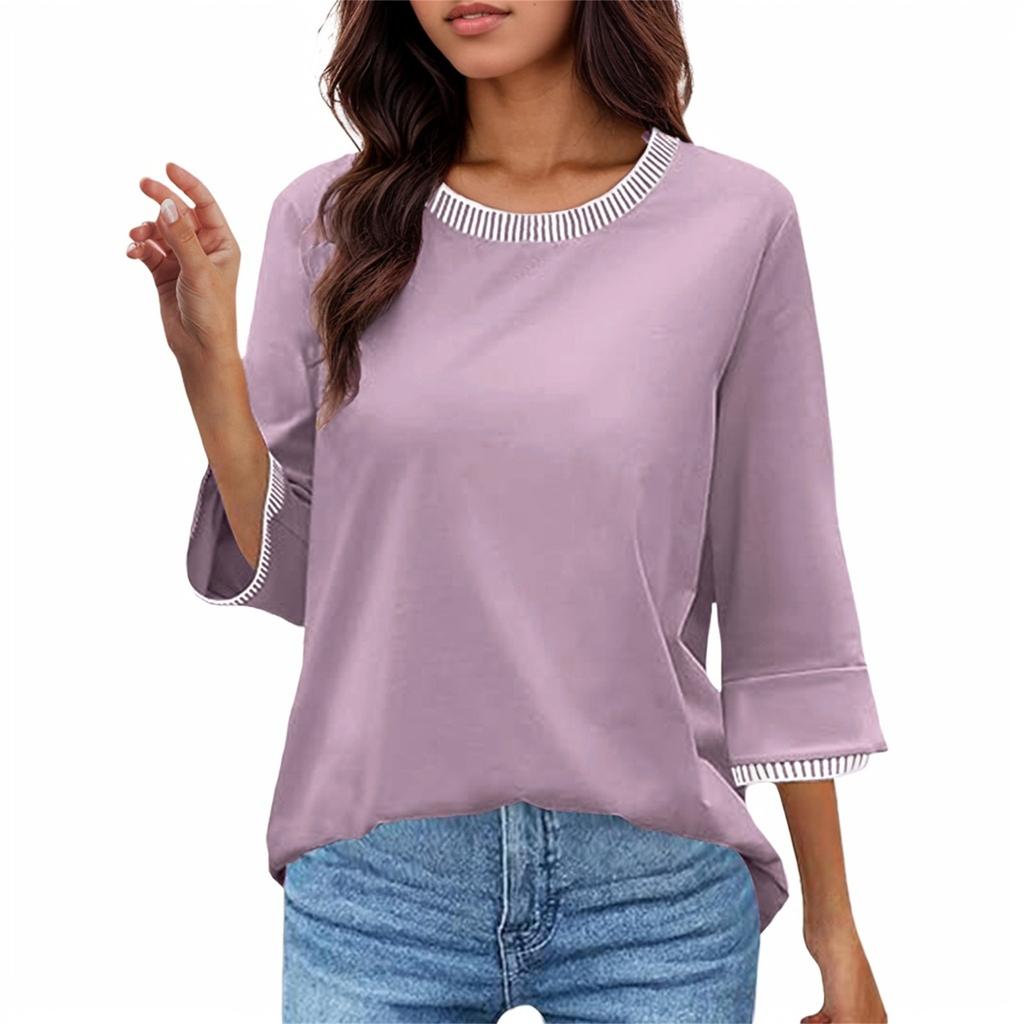 Women's Fashion Casual Threaded Round Neck Seven Points Flare Sleeve T-Shirt Top