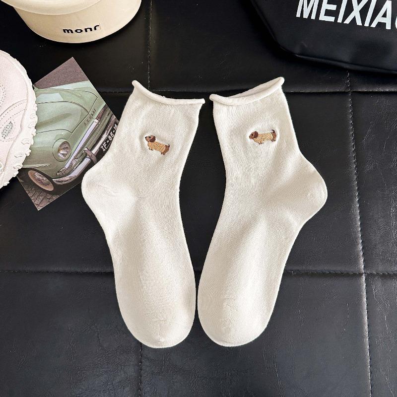 Spring and Summer White Socks with Cartoonish Cute Sausage Dog Embroidery, Rolled Cuffs Mid-calf Socks, Boneless Pile Socks, Postpartum Care Socks
