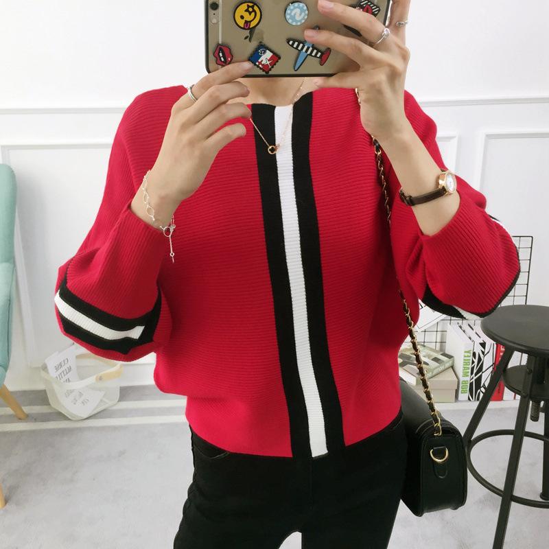 2022 neue Herbst Winter Frauen Pullover Pullover Streifen Kontrast Farbe Fledermaus Ärmel Strick Jumper Lose Kurze Tops Outwear Pull Femm