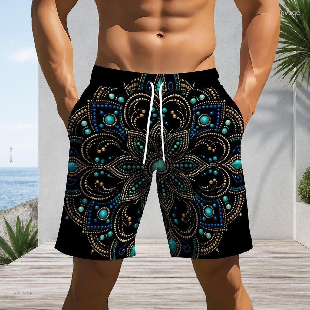 Men Plus Size Colorful Glitter Printed Beach Shorts Drawstring Waist Straight Leg With Side Pockets