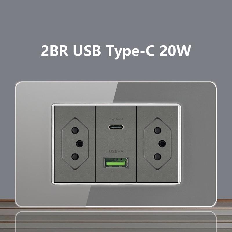 Italy Chile Socket with USB Smart Type-c 20W Fast Charging Glass Wall Electric Light Switch,Thai US Brazil Dual USB Power Socket