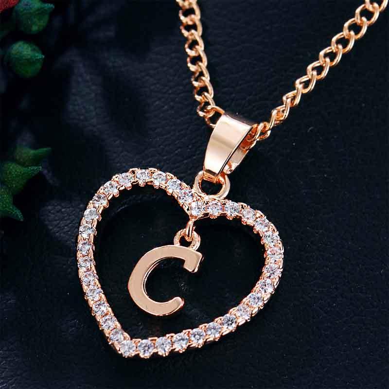 Heart Letters 26 Love Crystal Women Silver Plated Chain Jewelry Necklace