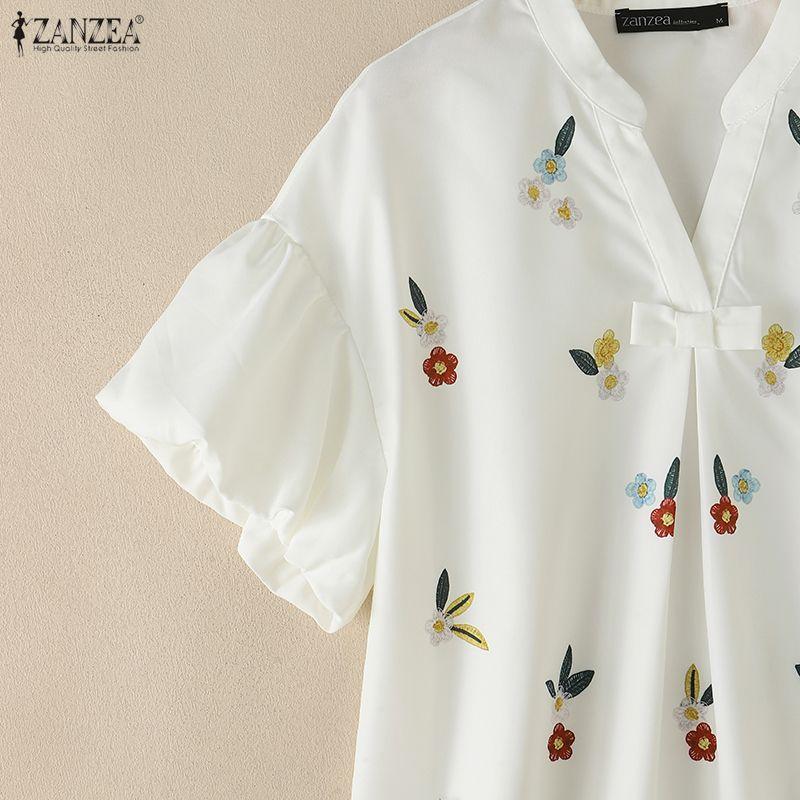 ZANZEA Women Casual V-Neck Loose Floral Print Short Sleeve Blouse