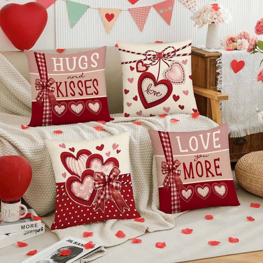 4Pcs Valentine'S Day Red Heart And Bow Pattern Pillow Cover, Valentine'S Day Decorative Cushion Cover (Without Pillow Core)