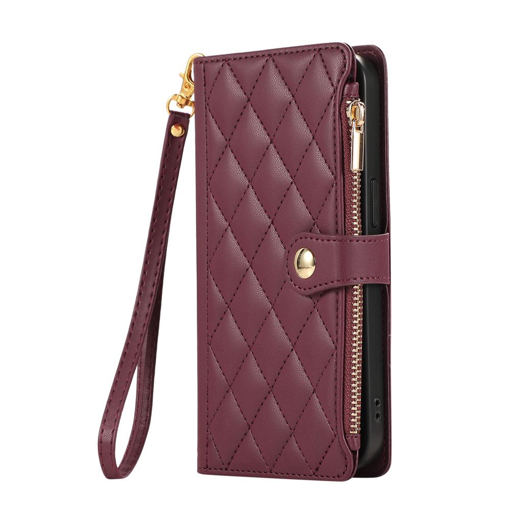 For Samsung Galaxy A16 4G/5G/A26 5G Case Multi Card Slots Zipper Rhombus Leather Phone Cover with Wrist Strap
