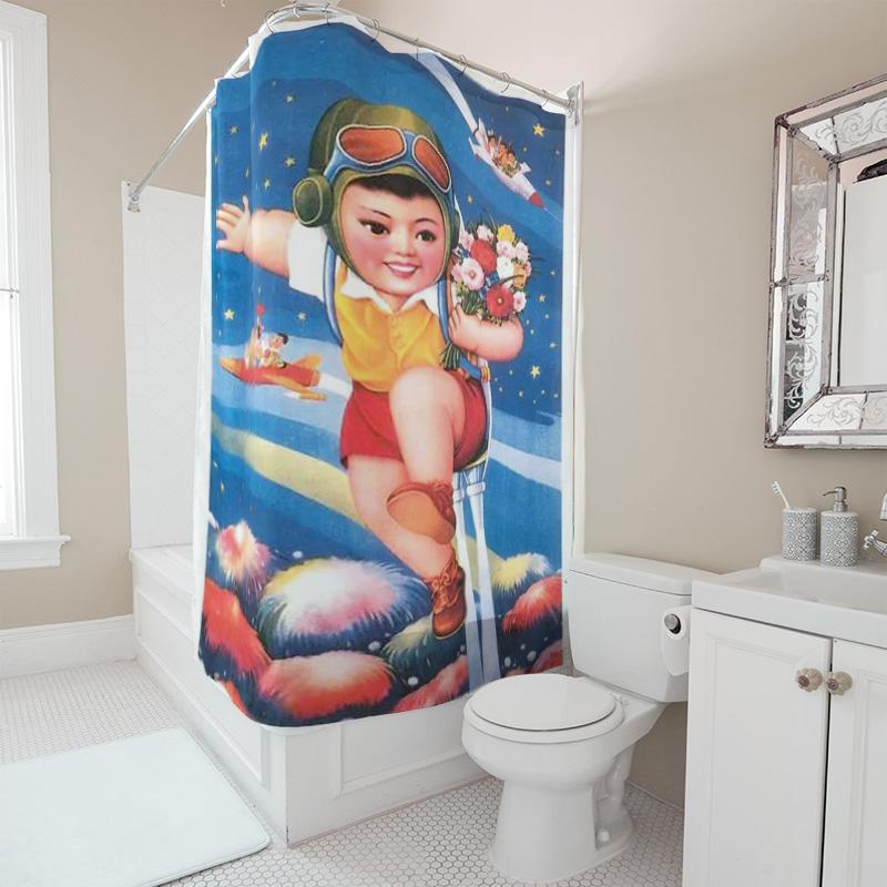 Vintage Shower Curtain Waterproof Kids Bath Decor Space Fantasy Astronaut Pilot Design Cartoon Wall Hanging In Shower Curtains F