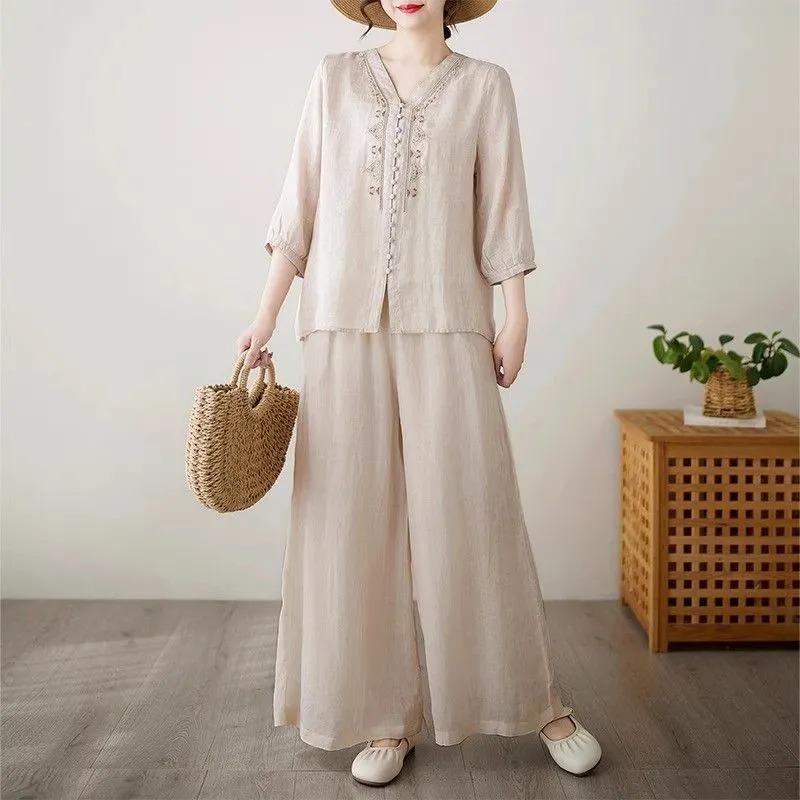 Women's Lavender Linen Blend Two-Piece Set Half Sleeve V-neck Top Wide Leg Pants Casual Outfit Comfortable Set