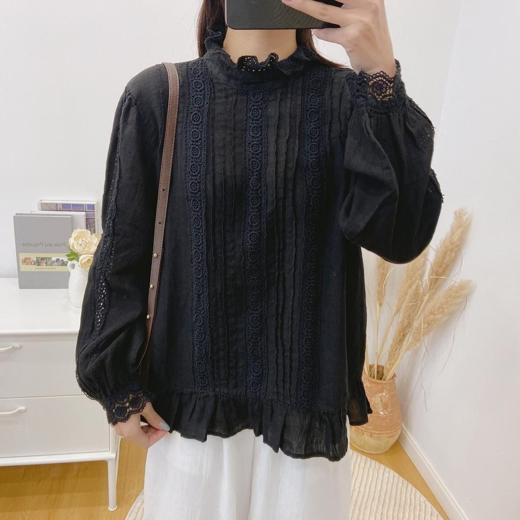 Vintage Linen Ruffle Collar Hollow Out Women Blouses Spring Autumn Loose Patchwork Lace Tie Women Shirts