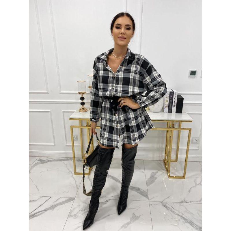 

European Station Polo Collar Single-Breasted Long Sleeve Plaid Shirt Black Gingham L