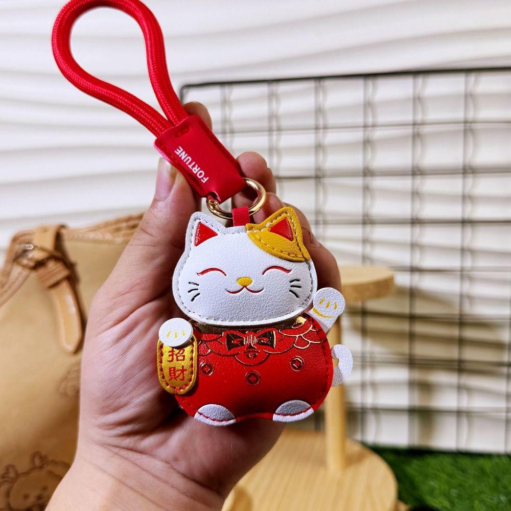 Cartoon Pu Leather Fortune Cat Keychain Get Rich Car Keychain Kawaii Bag Hanging Home Decor