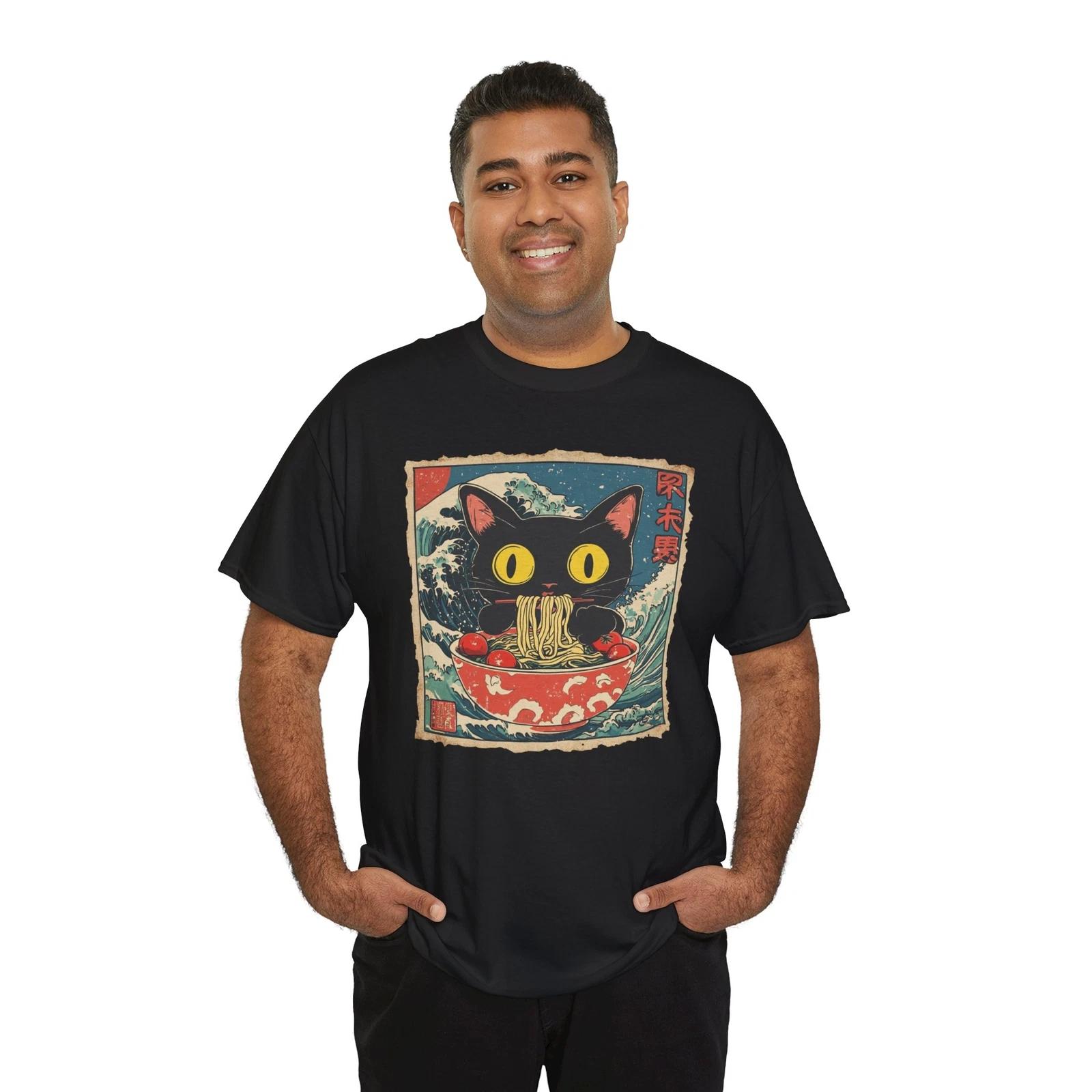 Japan Ramen T-Shirt | Japanese Black Cat Eats Ramen Shirt L