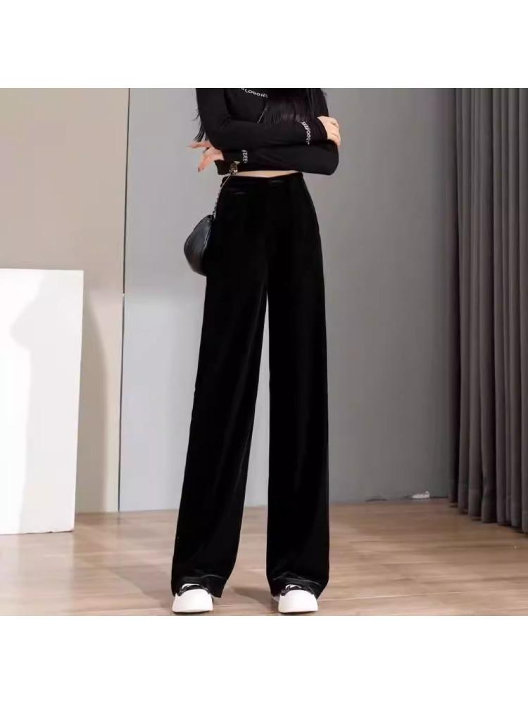 Women's Gold Velvet Wide-Leg Pants - Autumn/Winter 2025 High-Waisted, Plus Size, Elegant Drape Style