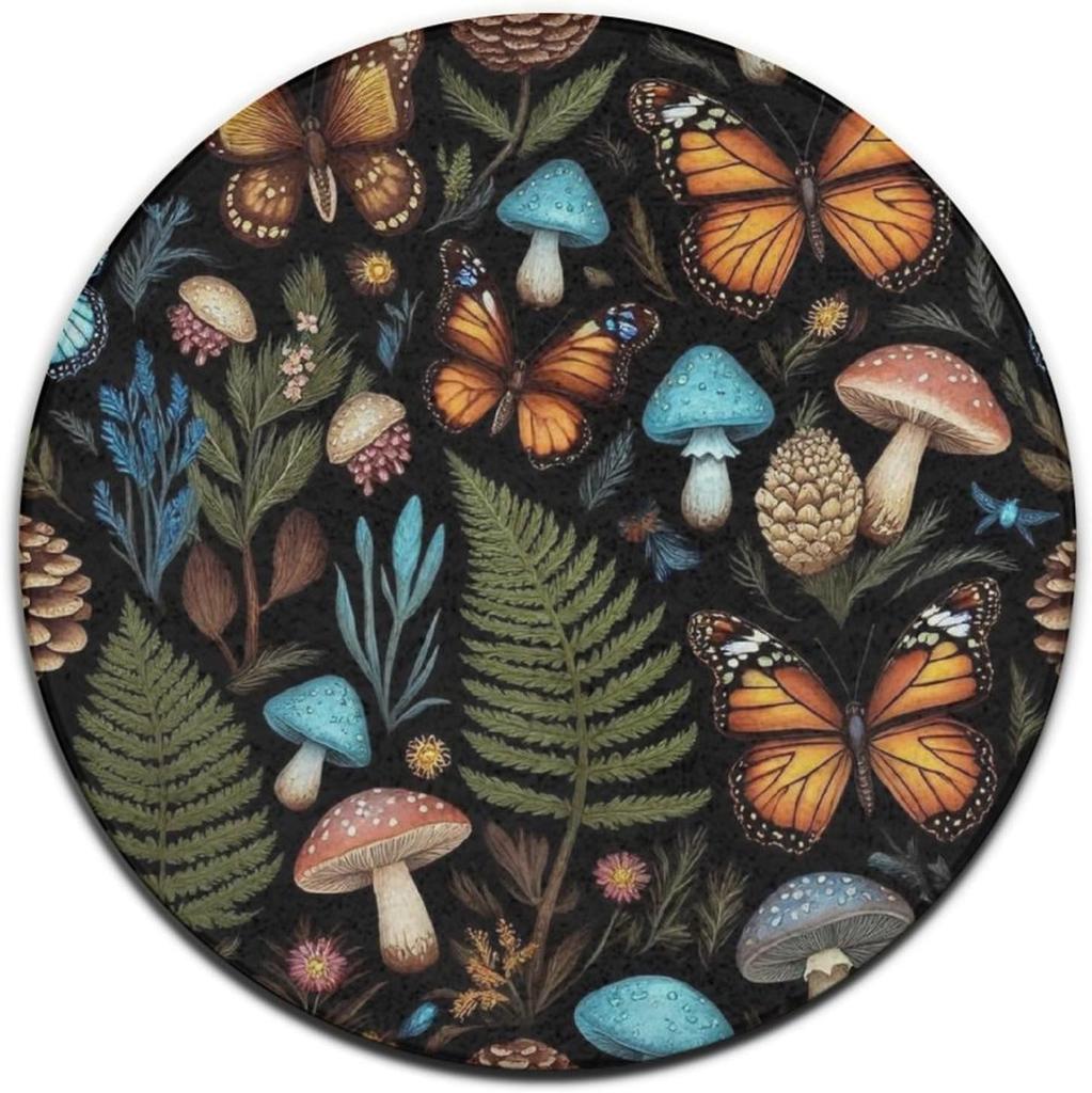 Dreamy Forest Fantasy Circular Rug Colorful Butterfly Mushroom Fern Print Carpet Daily Home Non-Slip Mat for Living Room Bedroom
