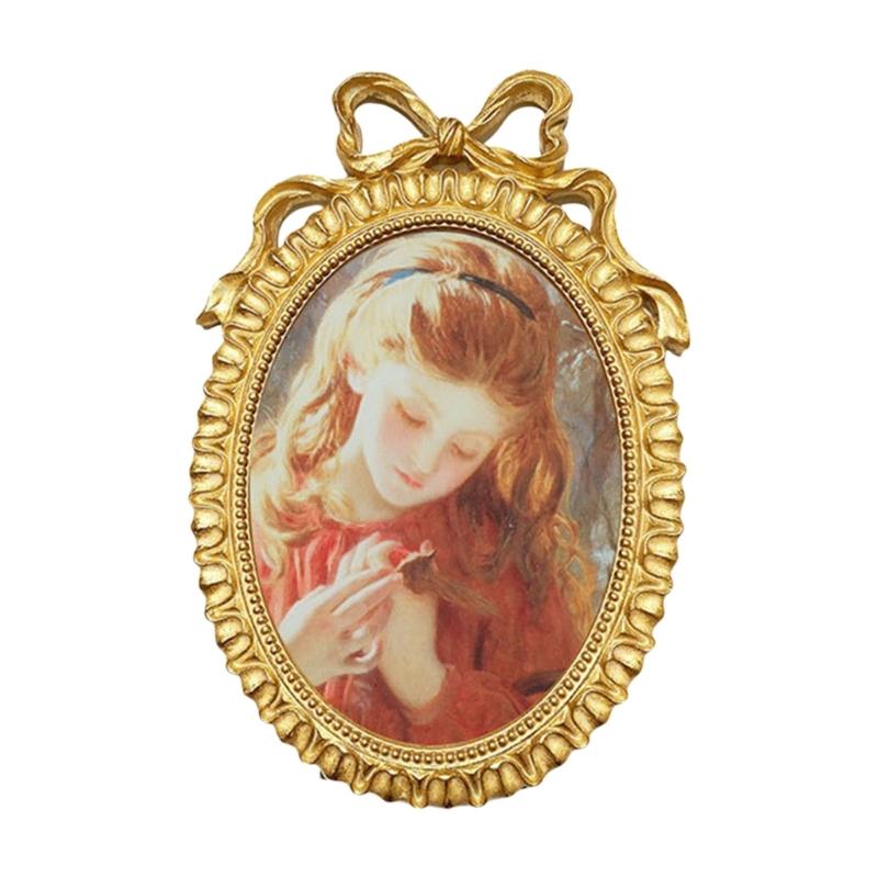 Handcrafted Antique Gold Carving Oval Bowknot Picture Frame With Hanging Hook And Stand For Wall Or Desktop Decoration