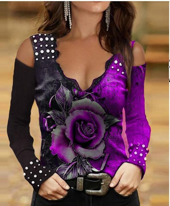 Φθινοπωρινό και Ανοιξιάτικο Γυναικείο Πουλόβερ με Λαιμόκοψη V, με Πρίτιντ Μοτίβο, Μακρυμάνικη Μπλούζα, Γυναικείο T-shirt