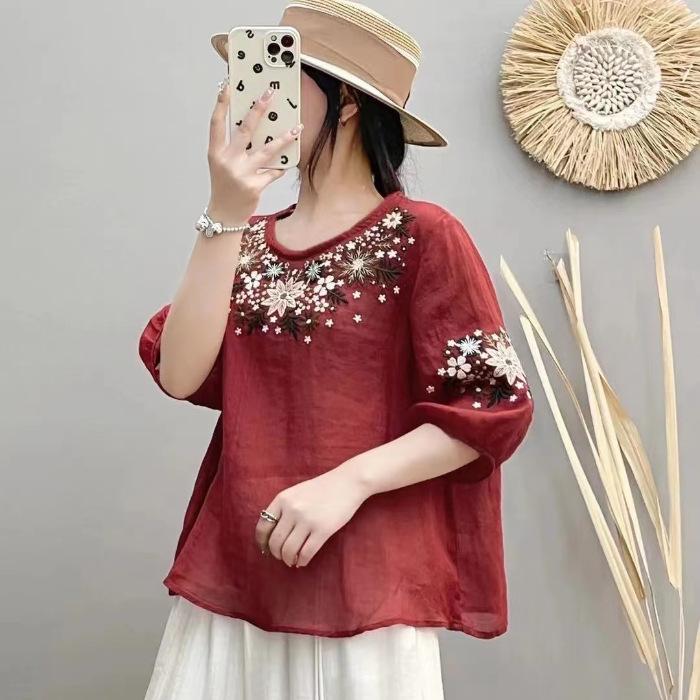 Embroidered Fashion Three-quarter Sleeve T-shirt Summer Loose and Thin Cotton Round Neck Pullover Small Shirt Top