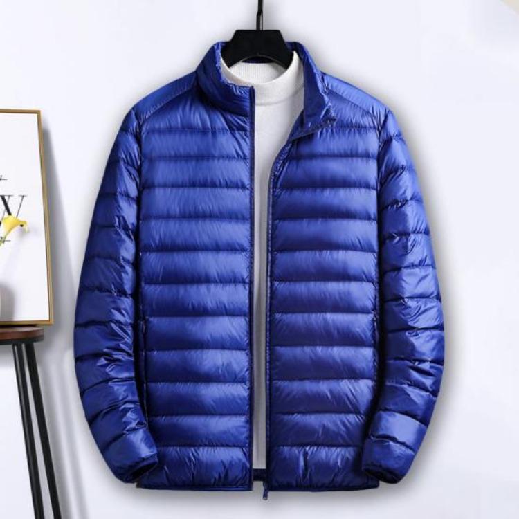 Lightweight Quilted Down Cotton Jacket for Men Stand Collar Long Sleeve Zipper Closure with Side Pockets