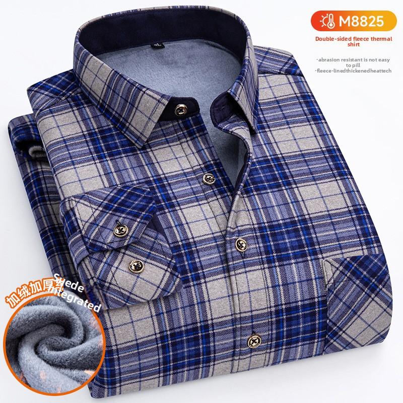 Plus Size Men's Thermal Shirt Men's Winter Fleece-Lined Thickened Checkered Long-Sleeved Shirt