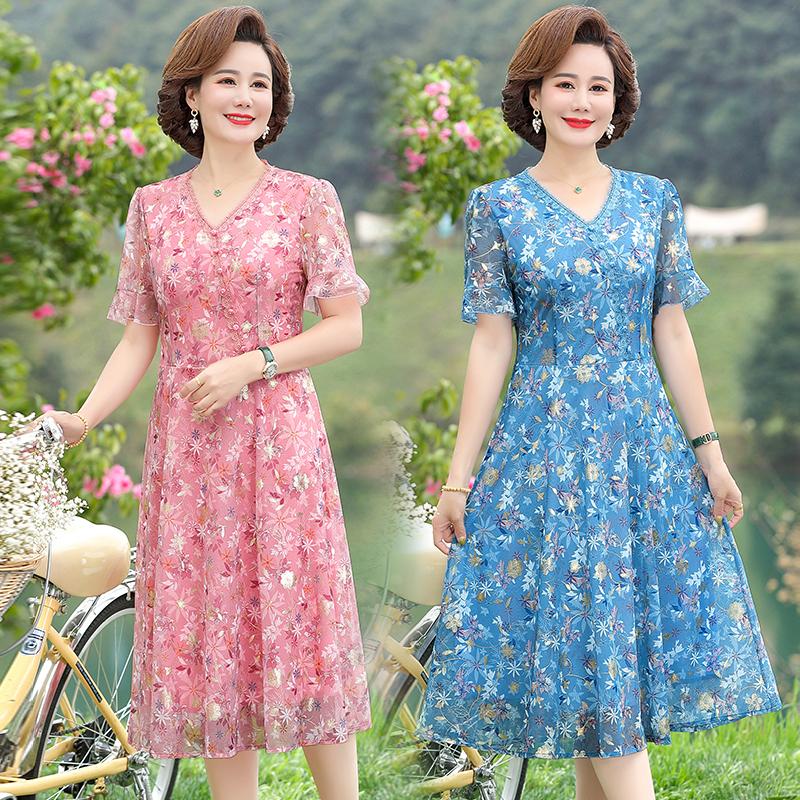 Frauen Sommer Casual Kleid Damen Mittleren Alters Print Kurzarm Plissee Kleider Weibliche Vintage V-Ausschnitt Vestidos