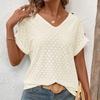 Ladies Summer V Neck Button Short Sleeve Breathable Hollow Solid Color Pullover T Shirt Top
