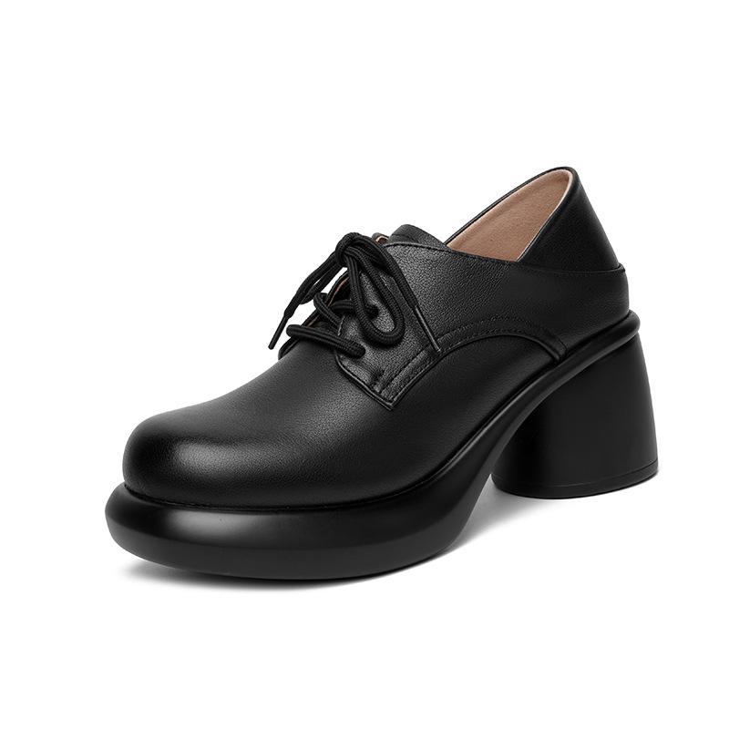 7cm Boty v britském vintage stylu s hlubokým výstřihem z pravé kůže Dámské Oxfords Jaro 2025 Střední blokový podpatek Platforma Lodičky Kancelářské Maminka