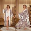 Print Satin Women Long Robe Retro Sleepwear Seven Quarter Sleeve Kimono Bathrobe Loose Home Wear