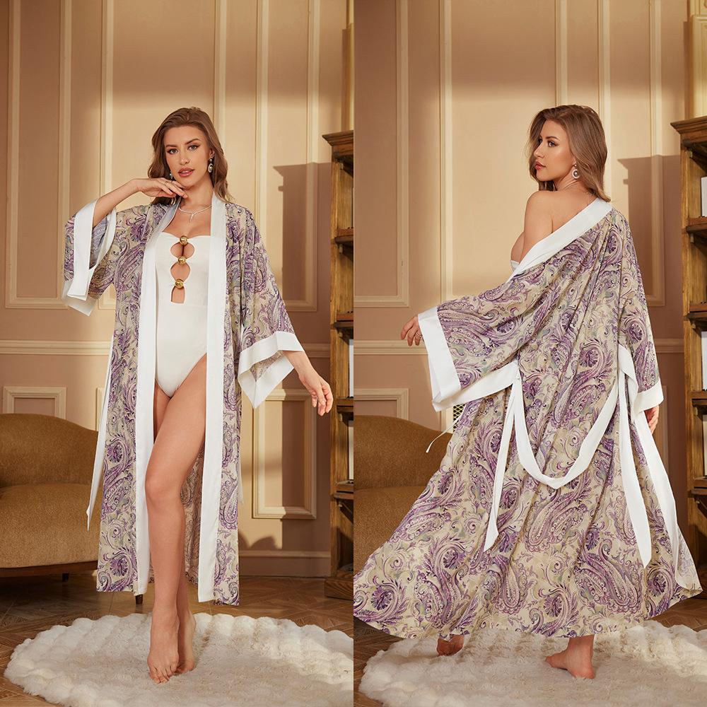 Print Satin Women Long Robe Retro Sleepwear Seven Quarter Sleeve Kimono Bathrobe Loose Home Wear