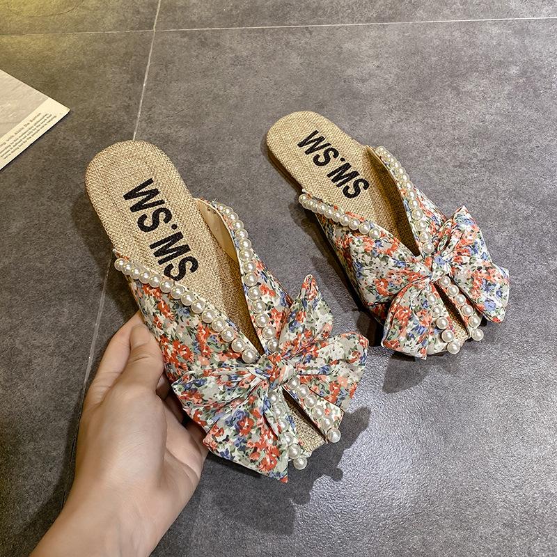 

Тапочки женские летние верхние тапочки 2025 новые маленькие цветочные сандалии сумка головной убор бант на плоской подошве парусиновые полутапочки 35 оранжевый