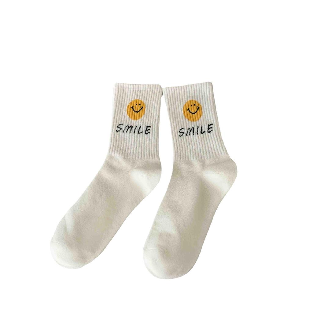 Korean Smiley Face Women's Mid-Calf Socks, Cute Japanese Style, Internet Trend, Pure Cotton for Spring, Autumn, Winter