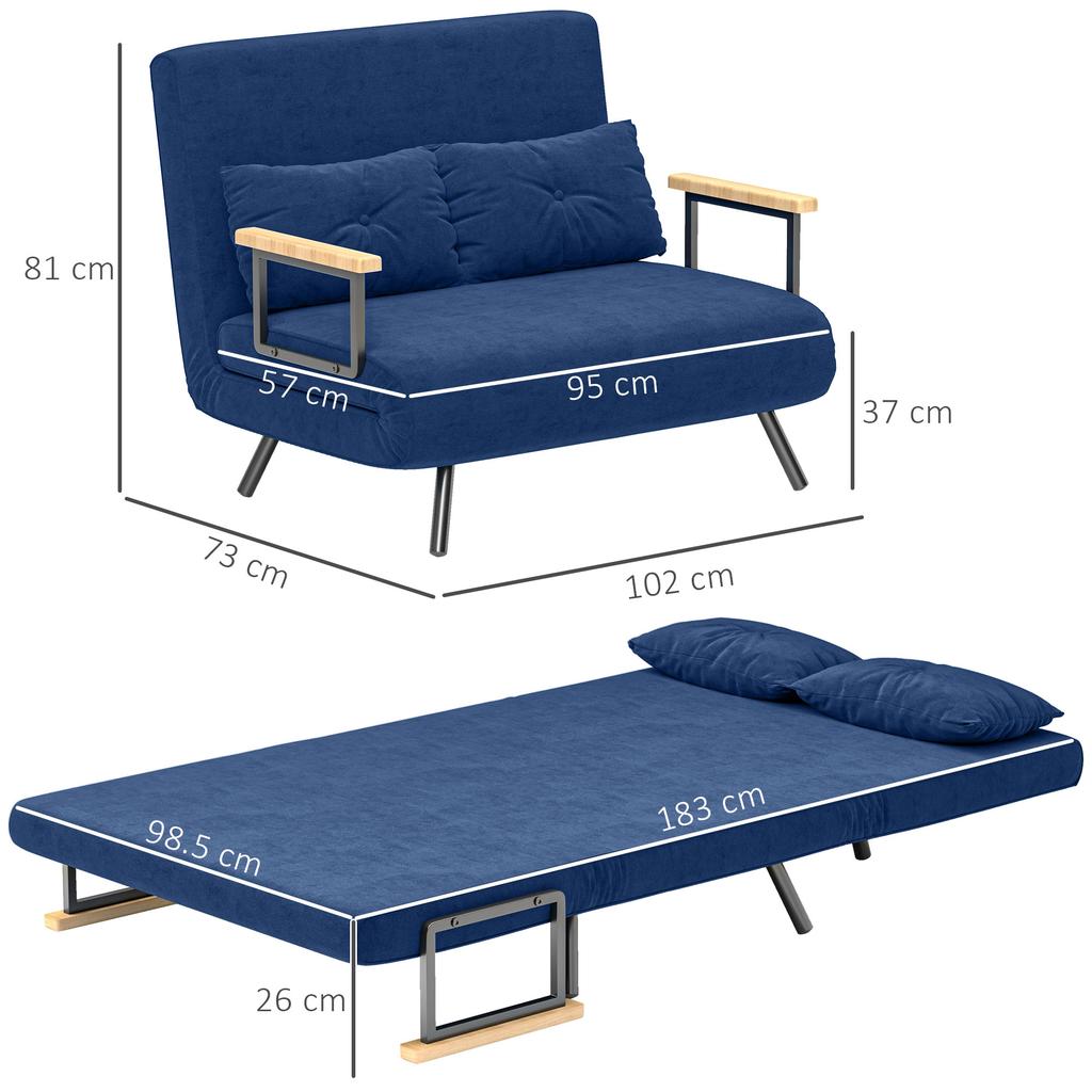 Sofa Bed 3 In 1 In Velvet-Effect Fabric with Adjustable Backrest and 2 Cushions, 102x73x81 Cm, Blue